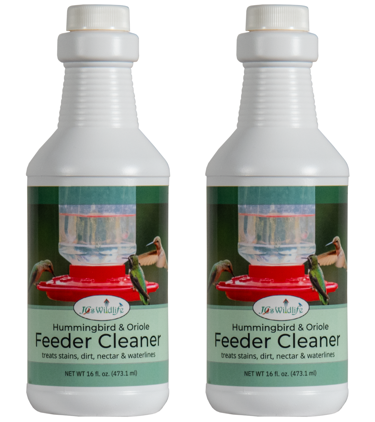 JCS Wildlife Hummingbird & Oriole Feeder Cleaner, 16 oz bottles for effective cleaning of bird feeders.