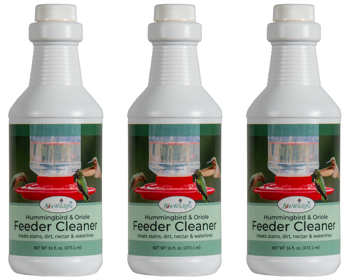 JCS Wildlife Hummingbird & Oriole Feeder Cleaner bottles for treating stains, nectar, and waste in bird feeders.