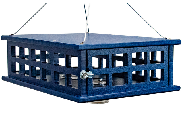 JCS Wildlife Recycled Poly Lumber Deluxe Caged Platform Bluebird Feeder with feeding cups and squirrel protection.