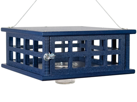 JCS Wildlife Recycled Poly Lumber Caged Platform Bluebird Feeder in blue with clear acrylic cup for mealworms.