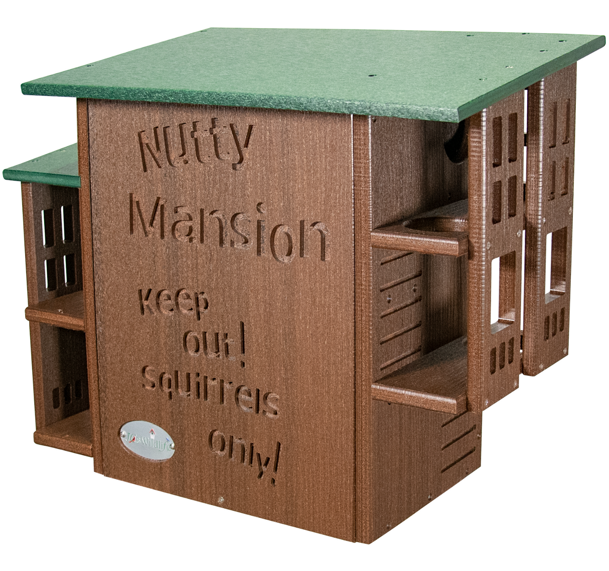 Plastic squirrel house by Jos Wildlife Nutty Mansion features a green roof brown wood grain textured walls and multiple entry points for squirrels only