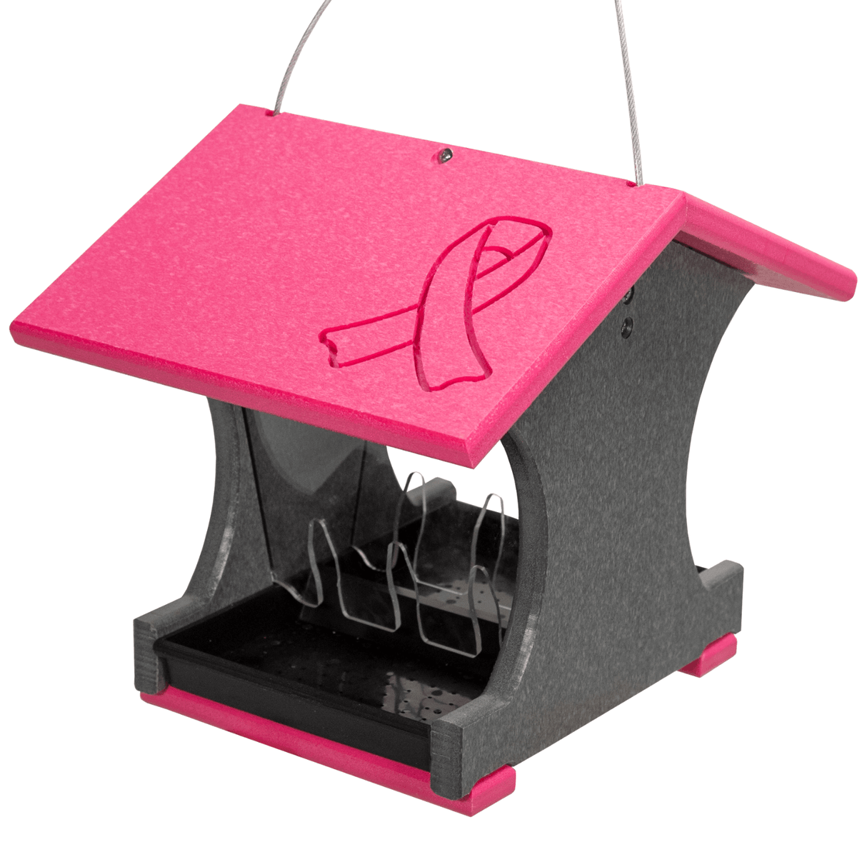 JCS Wildlife Small Hopper Bird Feeder in pink and gray, designed for bird-watching enthusiasts and garden decor.