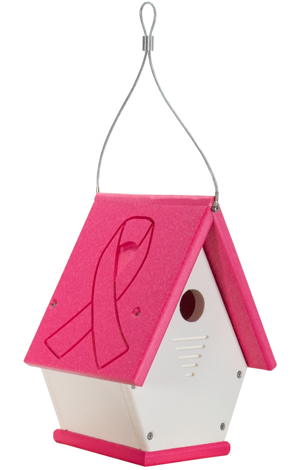 Pink birdhouse with breast cancer awareness ribbon, part of Annie's Breast Cancer Collection.