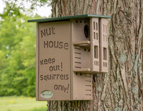 J&S Wildlife brown composite squirrel house affixed to a tree trunk featuring a green roof, carved lettering, and multiple entry holes against a blurred green background