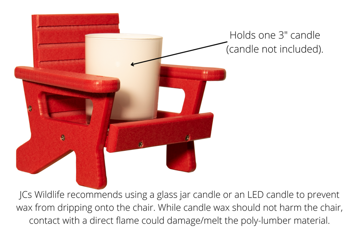 JCS Wildlife Mini White Adirondack Chair Candle Holder showcasing a 3" candle, perfect for indoor or outdoor use.