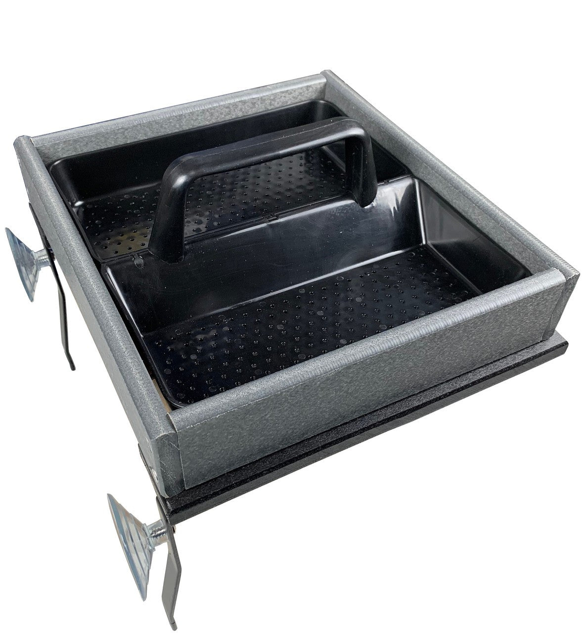 Plastic tray with suction cups gray frame and black inserts removable organizer for car window use