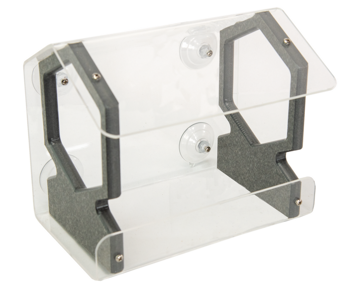 Product shot of a clear acrylic and gray composite bird feeder with suction cups and hexagonal cutouts showing screws and a protective overhang