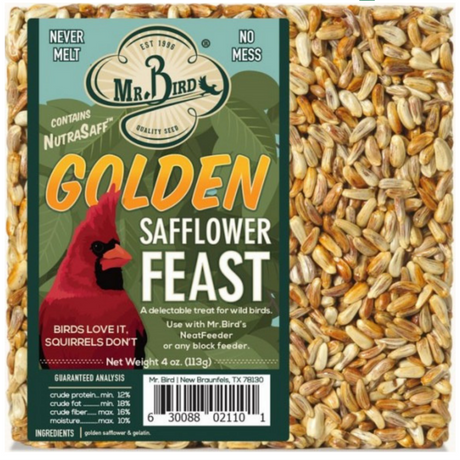 Mr Bird product package showing golden safflower seeds a cardinal and  a  bold green and gold design featuring the words Golden Safflower Feast