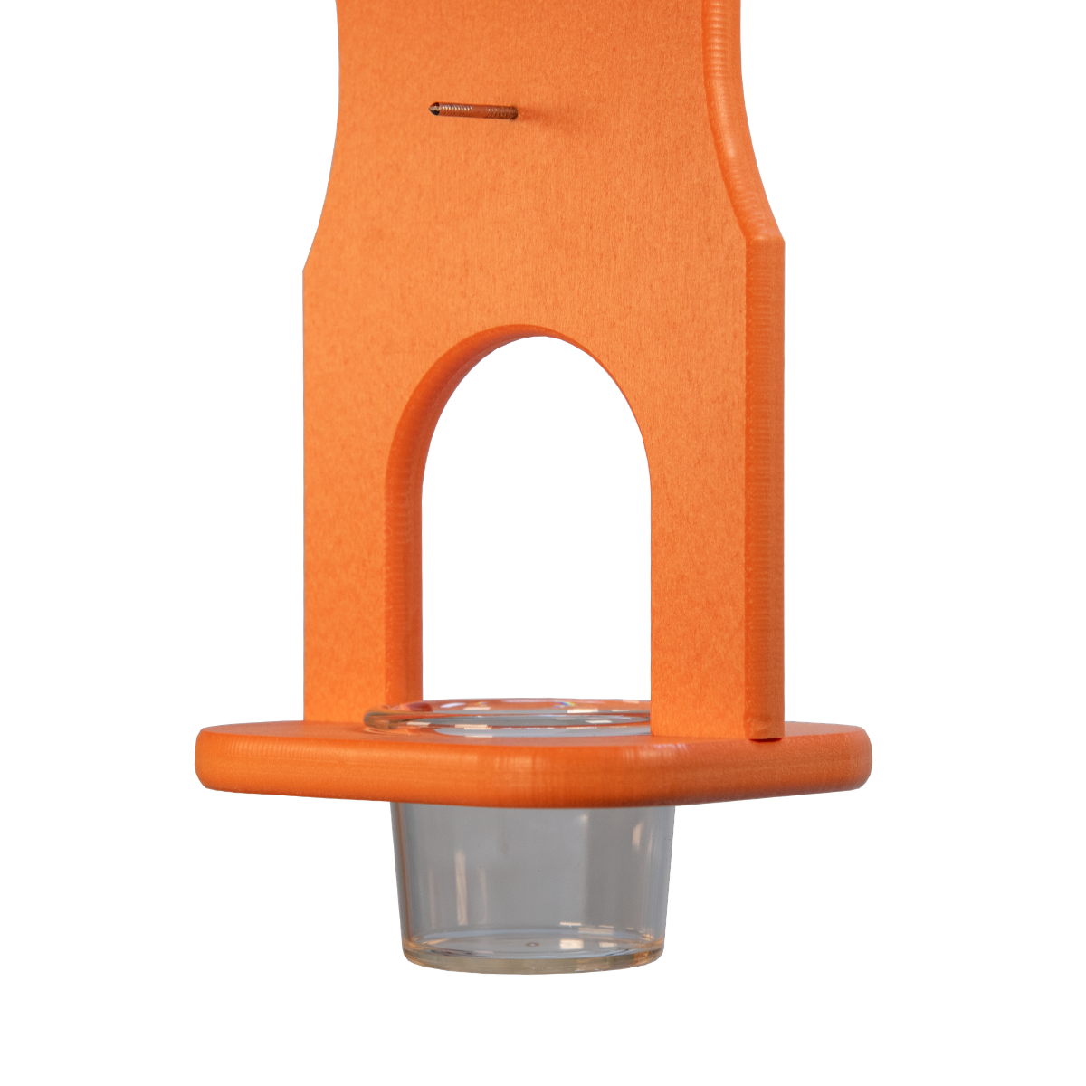 Product photography of an orange wooden hummingbird feeder with a clear glass cup featuring a unique arched design and a small, rusty nail detail.