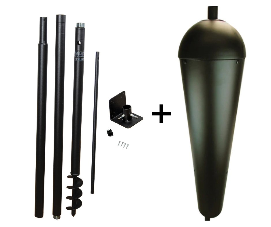 Product shot showing a black metal ground-mount kit with auger, posts, and a conical top for outdoor use featuring adjustable height and simple assembly