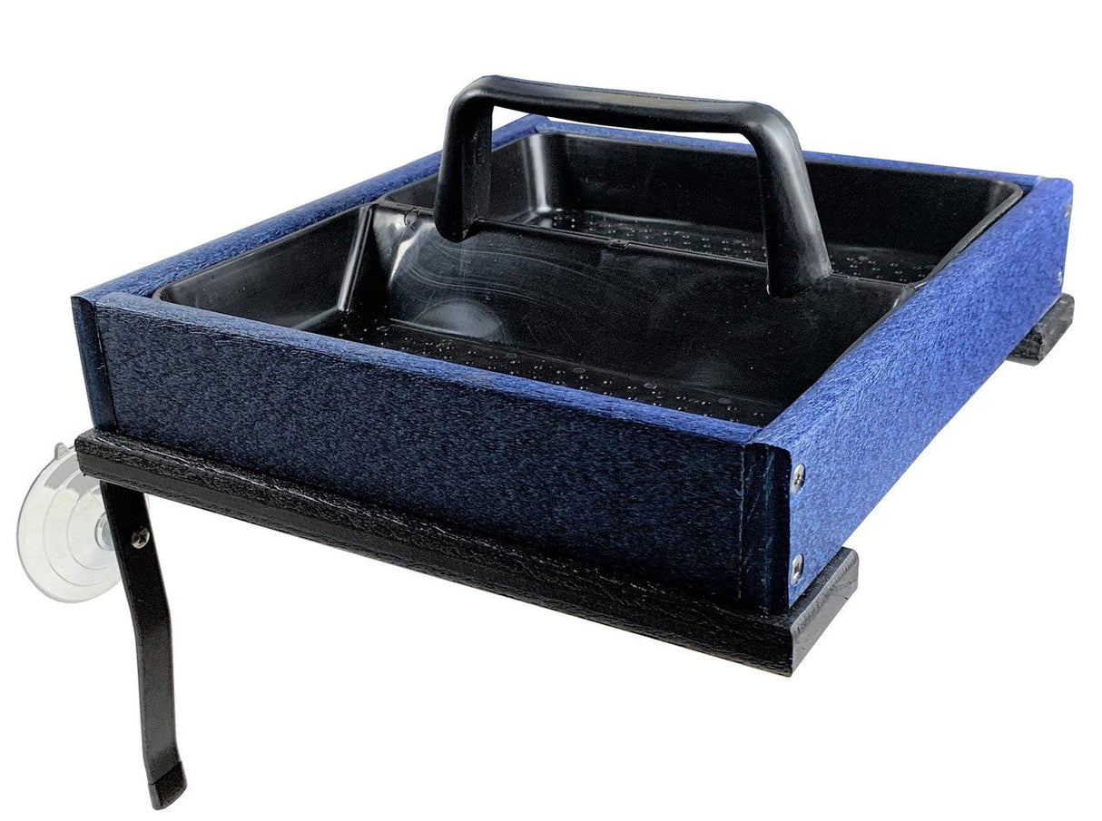 Product photography of a blue and black plastic and wood bird feeder with a handle and suction cup mount showing textured surfaces and visible screws