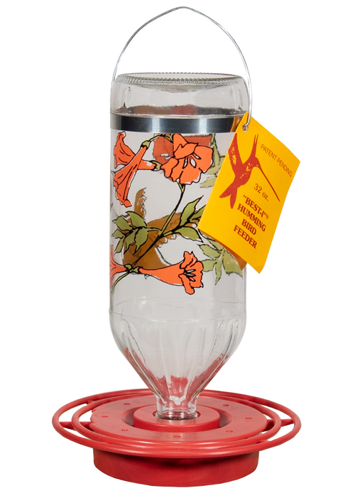 Best-1 Rufous Art Hummingbird Feeder with glass bottle and floral design, 32 oz capacity.