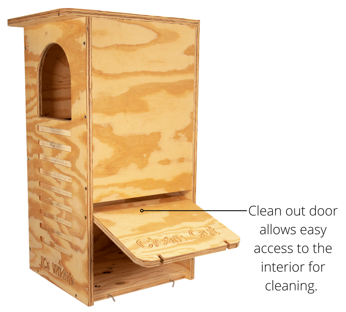 Photograph of a JC Wildlife light-colored wooden birdhouse with a clean-out door featuring engraved text and ventilation slots against a white background
