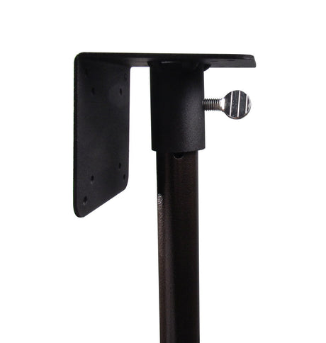 Close-up of a dark brown metal mounting bracket with a silver thumb screw and a rectangular black plate showing drilled holes for attachment