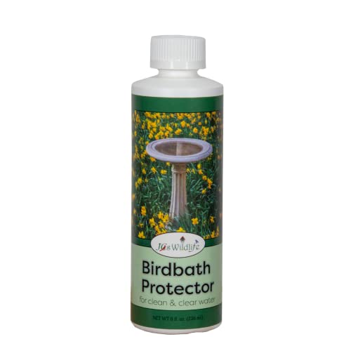 J&S Wildlife product label featuring a stone birdbath in a garden with yellow flowers and green grass a clean and clear water solution for bird baths