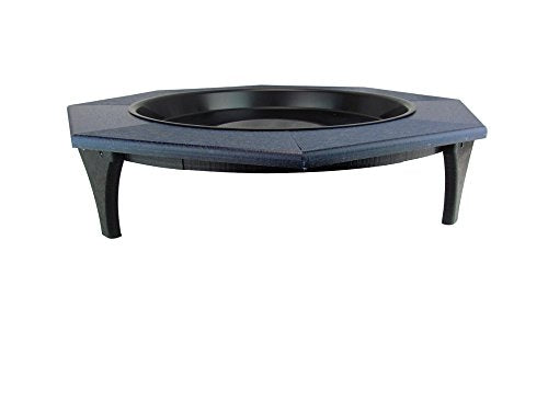 Product shot of a dark blue and black octagonal pet feeder with a raised rim and curved legs on a white background