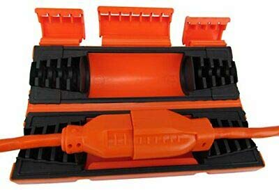 Product shot of an orange and black cord protector case with an orange plug inside featuring textured grips and hinged lids