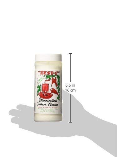 Product photography shows a Best-1 brand 6.6-inch jar of hummingbird instant nectar with red and green hummingbird feeder and bird illustrations a white background and bold red text