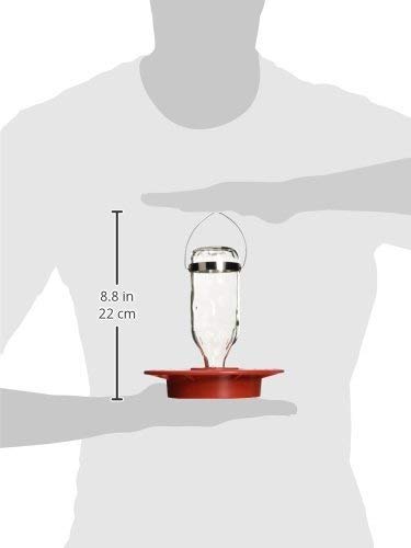 Product shot showing a glass and red plastic hummingbird feeder with a silver metal hanger against a grey background, featuring a clear glass reservoir and a wide, stable base
