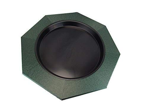 Plastic octagonal bird bath with a dark-colored basin a textured green outer rim and a slightly raised edge for water retention