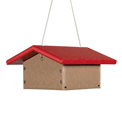 Plastic bird feeder red roof tan body hanging from string visible screws