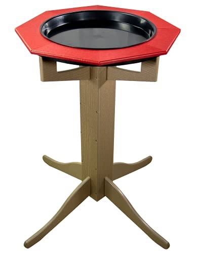 JCS Wildlife Poly Lumber Tan Pedestal Garden Bird Bath with a red top, designed for easy cleaning and durability.