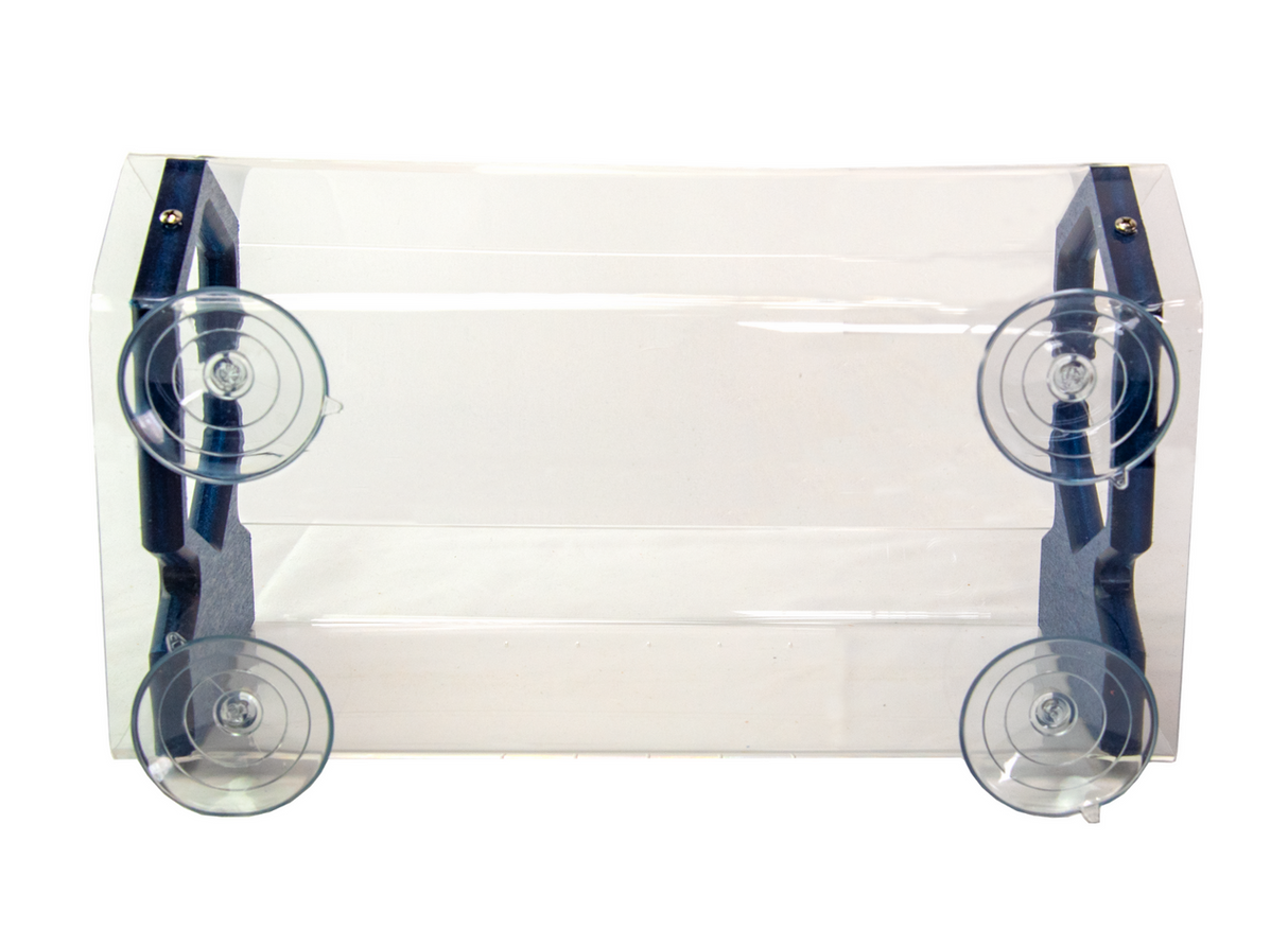 Product shot of a clear acrylic organizer with dark blue suction cups and supports showing a rectangular shape and internal shelf.