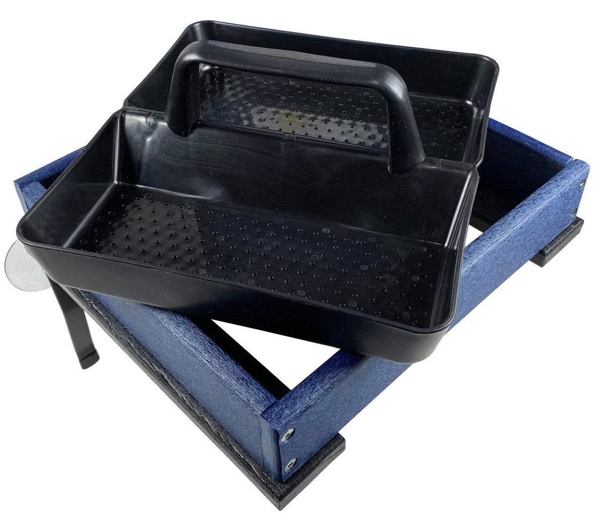 Product photo showing a blue and black plastic two-tiered caddy with a handle and textured bottoms ideal for organizing small items