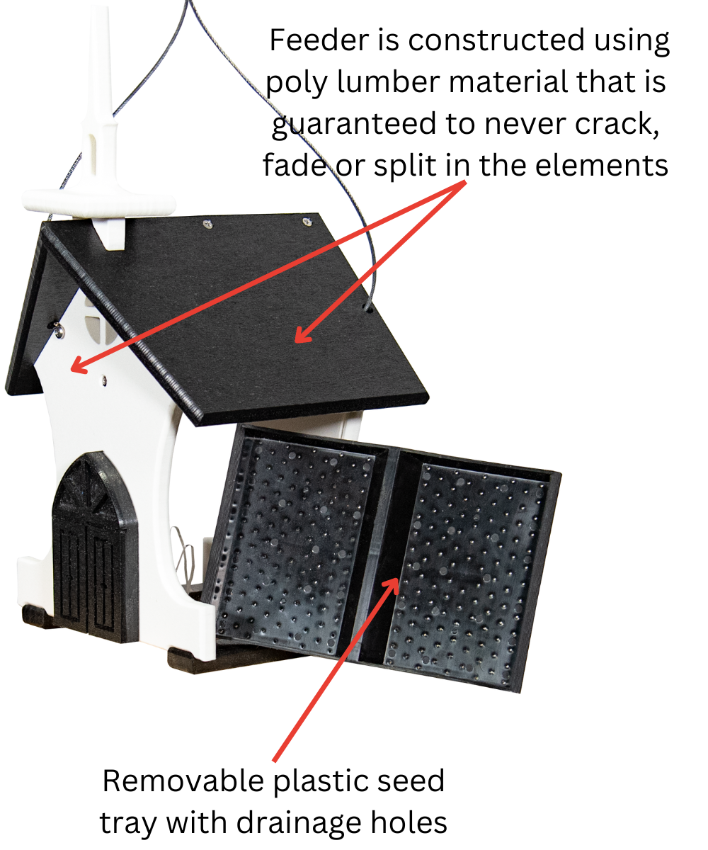 Product photo showing a white and black poly lumber bird feeder shaped like a church with a peaked roof, drainage holes, and a removable seed tray