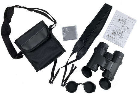 Strix Optics Wren Birdwatching Binoculars 7122 10 x 42 with accessories, including carrying case, strap, lens caps, and user manual
