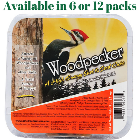 Pine Tree Farms Woodpecker High Energy Suet 11oz package, attracts woodpeckers & birds, available in 6 or 12 packs.