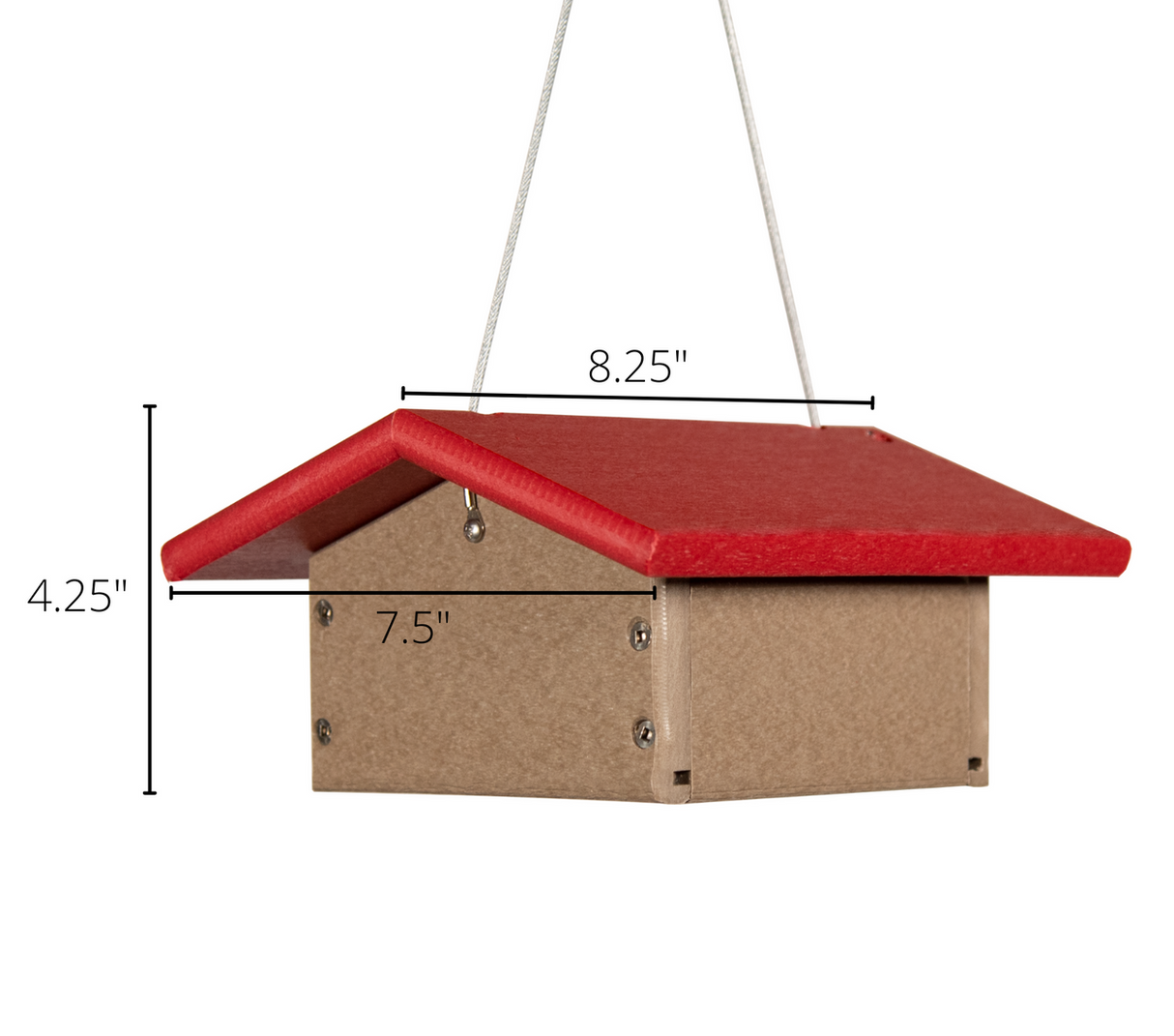 Product shot of a recycled plastic bird feeder with a red roof and taupe body hanging from a thin cord showing measurements