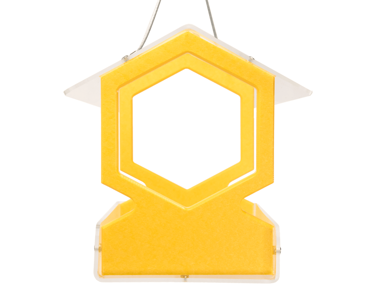 Plastic bird feeder in yellow and clear acrylic with hexagonal design featuring a bright yellow tray and clear protective roof