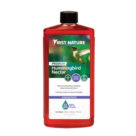 First Nature 3050 Red Hummingbird Nectar Concentrate 16 oz bottle, premium formula ideal for attracting hummingbirds.