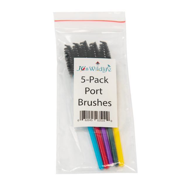 Product photo showing JQs Wildlife 5-pack port brushes in a clear plastic bag with colorful handles and black bristles against a white background