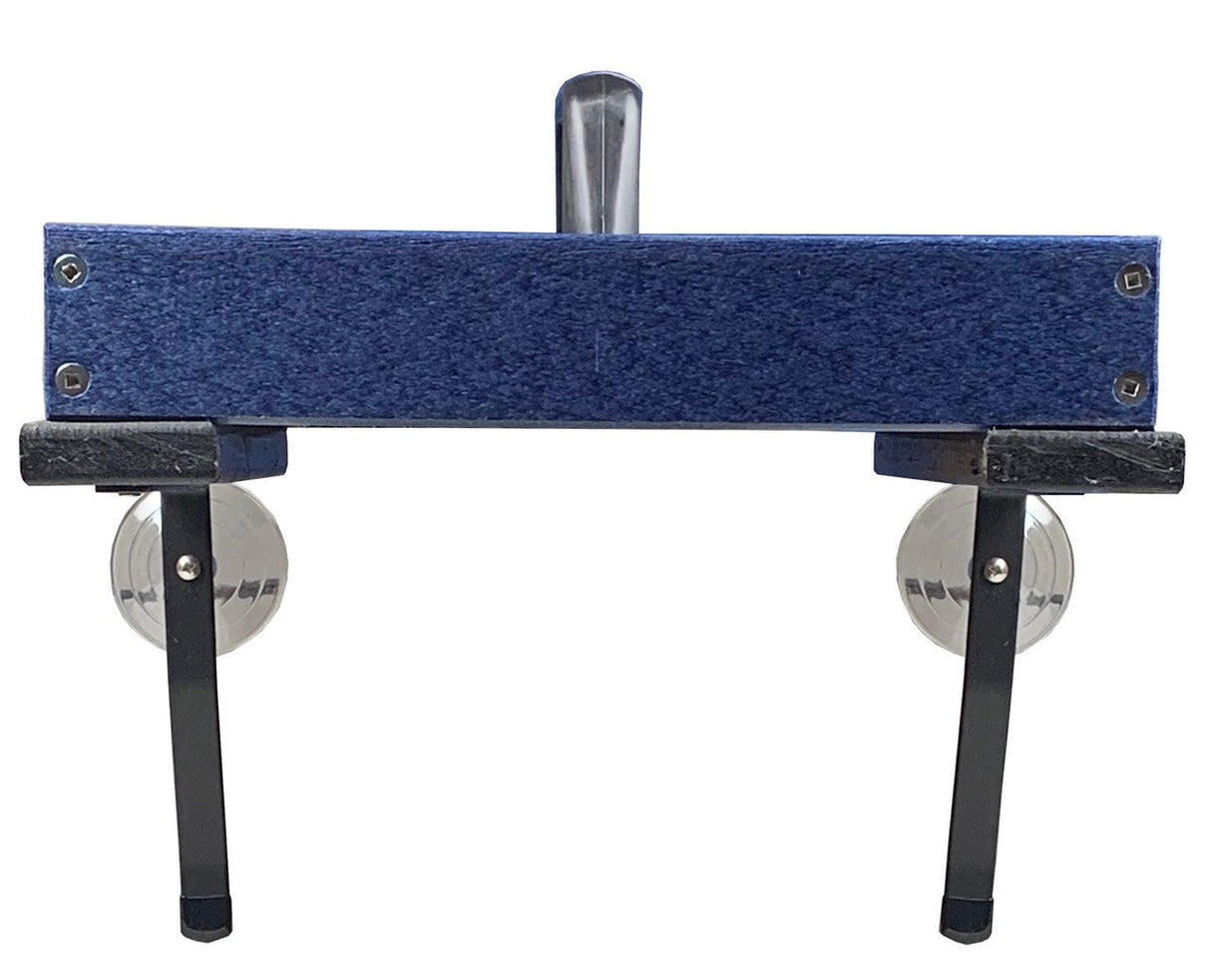 Product shot of a dark blue wooden car toy with black legs and clear suction cup wheels showing metallic accents and screw details