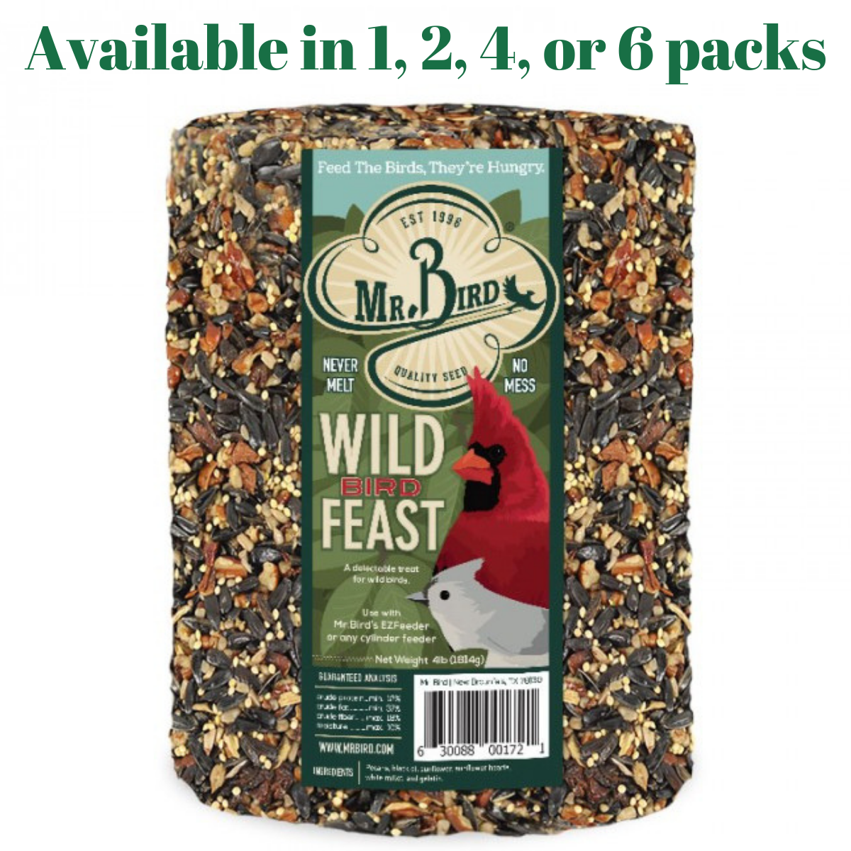 Mr. Bird Wild Bird Feast 4 lbs seed cylinder, available in 1, 2, 4, or 6 packs for wild bird feeding.