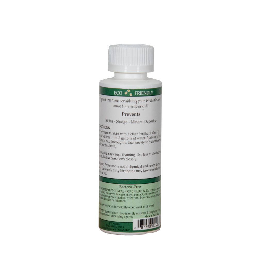 Product shot of ICS Wildlife Bird Bath Protector a bacteria-free cleaner in a white bottle with green and white label showing it prevents stains sludge and mineral deposits in birdbaths