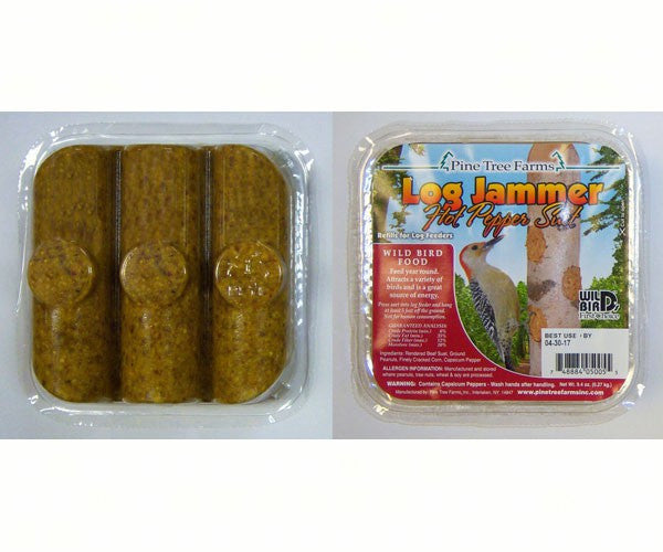 Pine Tree Farms Log Jammer Hot Pepper Suet plugs, ideal wild bird food, containing beef suet, peanuts, corn, and capsicum.