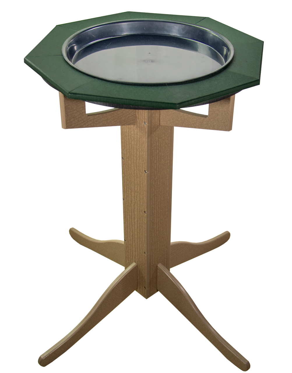JCS Wildlife Poly Lumber Tan Pedestal Garden Bird Bath with a green top and stainless steel bowl, perfect for outdoor birds.