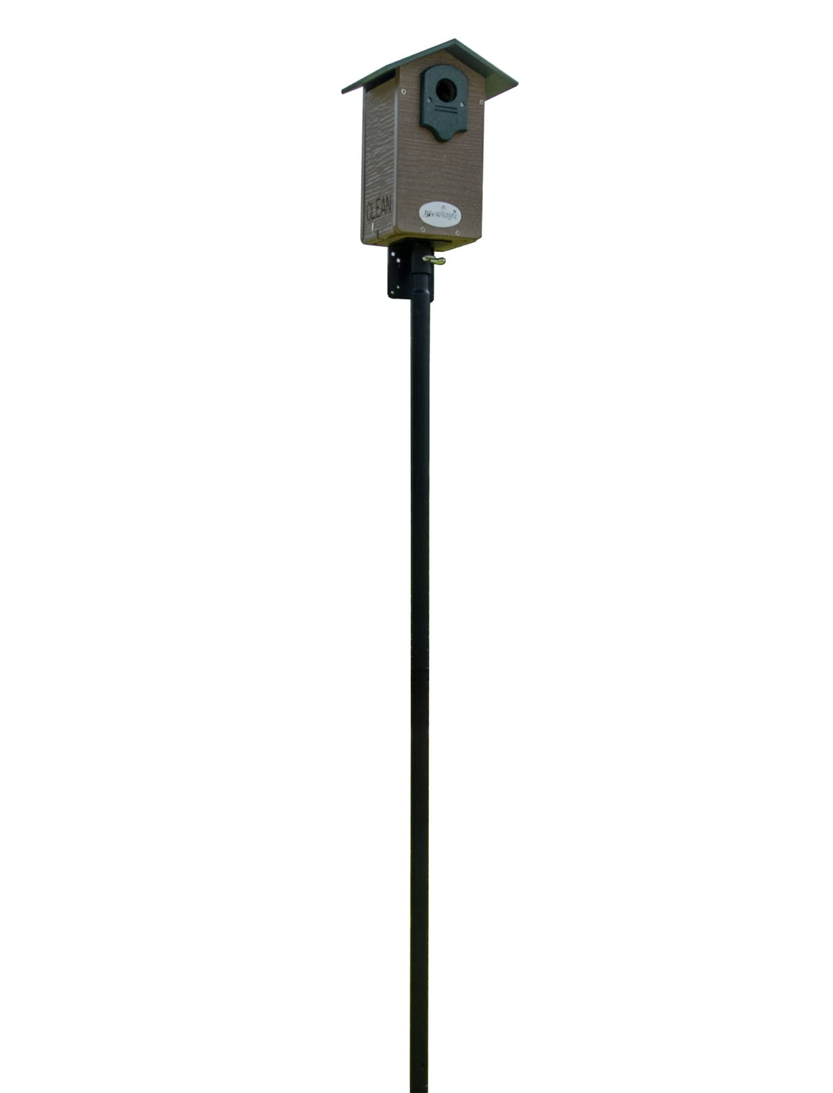 A Jo WildLife brown and green birdhouse on a black pole features a clean design and a small entry hole against a white background