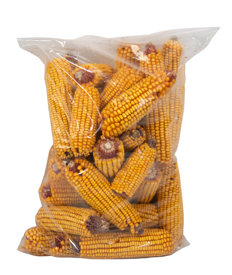 JCS Wildlife Dried Squirrel Corn Cobs in a clear bag, weighing approximately 14 lbs, perfect for attracting backyard wildlife.