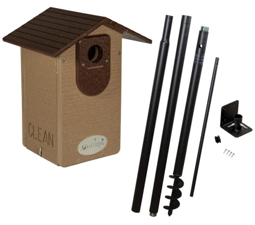 Recycled plastic birdhouse with brown roof and mounting kit featuring a ground auger and a clean design showing a tan body and dark brown accents