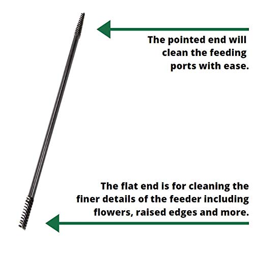 Product image showing a black, dual-ended cleaning tool with a pointed end and a brush end ideal for cleaning hummingbird feeders with ease.
