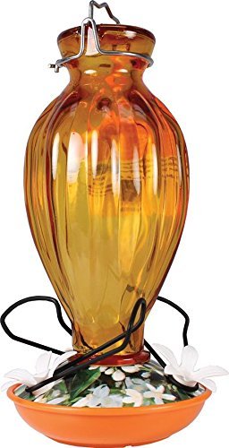 Audubon Orange Fluted Glass Oriole Feeder with floral printed base, 20 oz nectar capacity, perfect for attracting orioles.