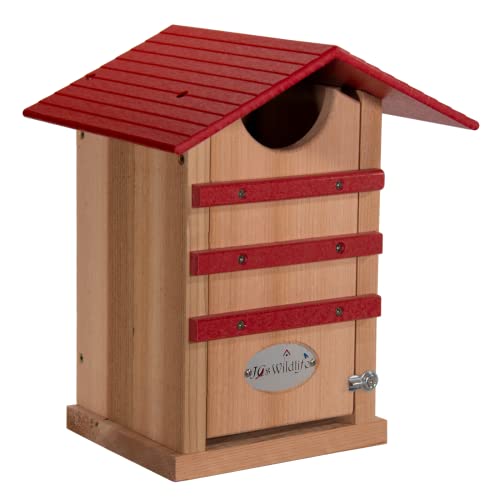 JCS Wildlife Cedar Screech Owl Nest Box with Poly Lumber Roof for attracting owls and controlling pests.