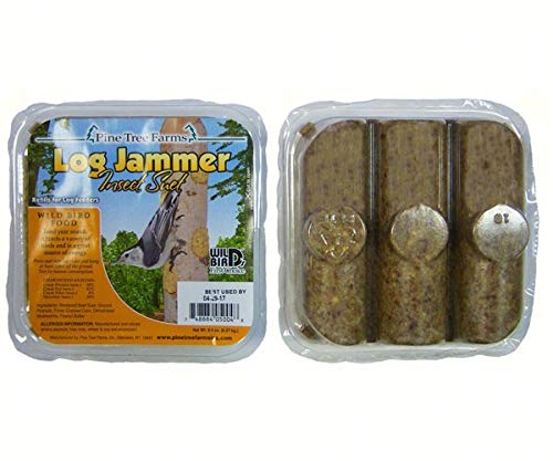 Pine Tree Farms Log Jammer Insect Suet package showing three brown suet cakes a bird on a tree and a Wild Bird logo with a best by date