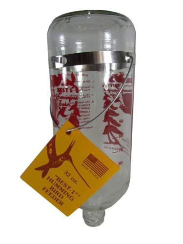Glass Best-1 hummingbird feeder showing a red hummingbird design a clear glass bottle and a metallic hanger