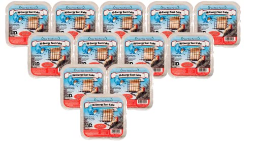 Twelve Pine Tree Farms Hi-Energy Suet Cakes featuring bluebirds cardinals and a bird feeder against a snowy background  depicted on each package