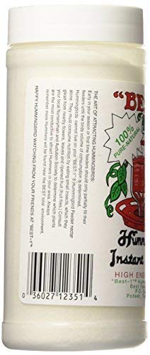 Product Photography of Best-1 Hummingbird Instant Energy, a white powder in a plastic jar, featuring a red hummingbird and green leaves on the label, with a UPC code and detailed product information